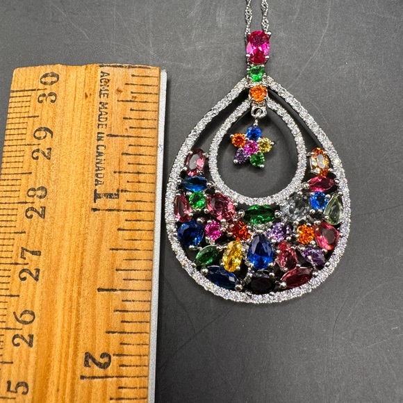 Platinum Plated Sterling Silver pendant with cubic zirconia & multicoloured gems - Picture 4 of 13
